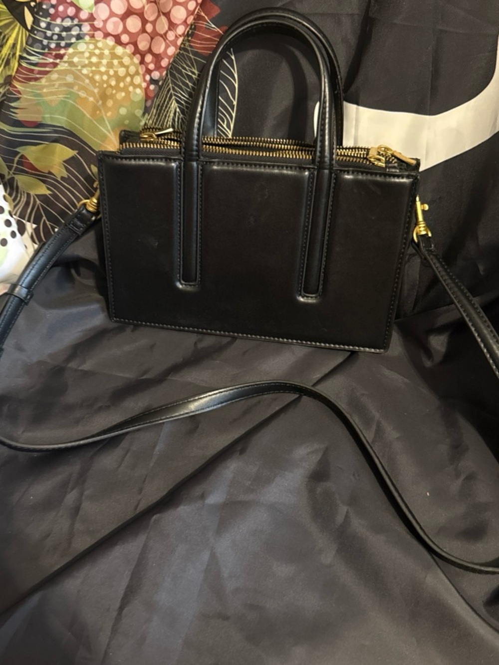 Zara Black Leather Crossbody Satchel with Gold Hardware